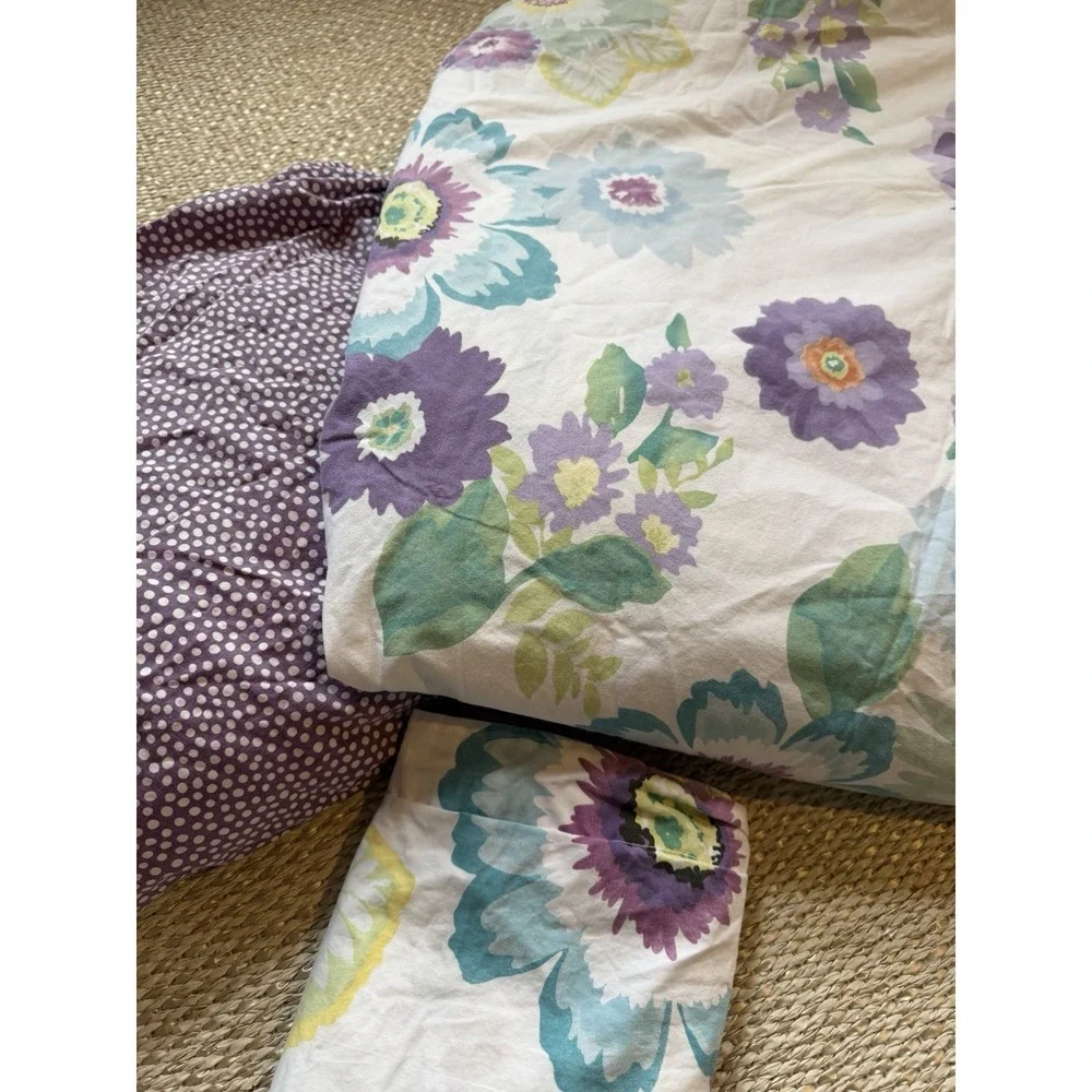 Pottery Barn Cotton Duvet Cover Fitted Sheet Full Queen Purple Floral